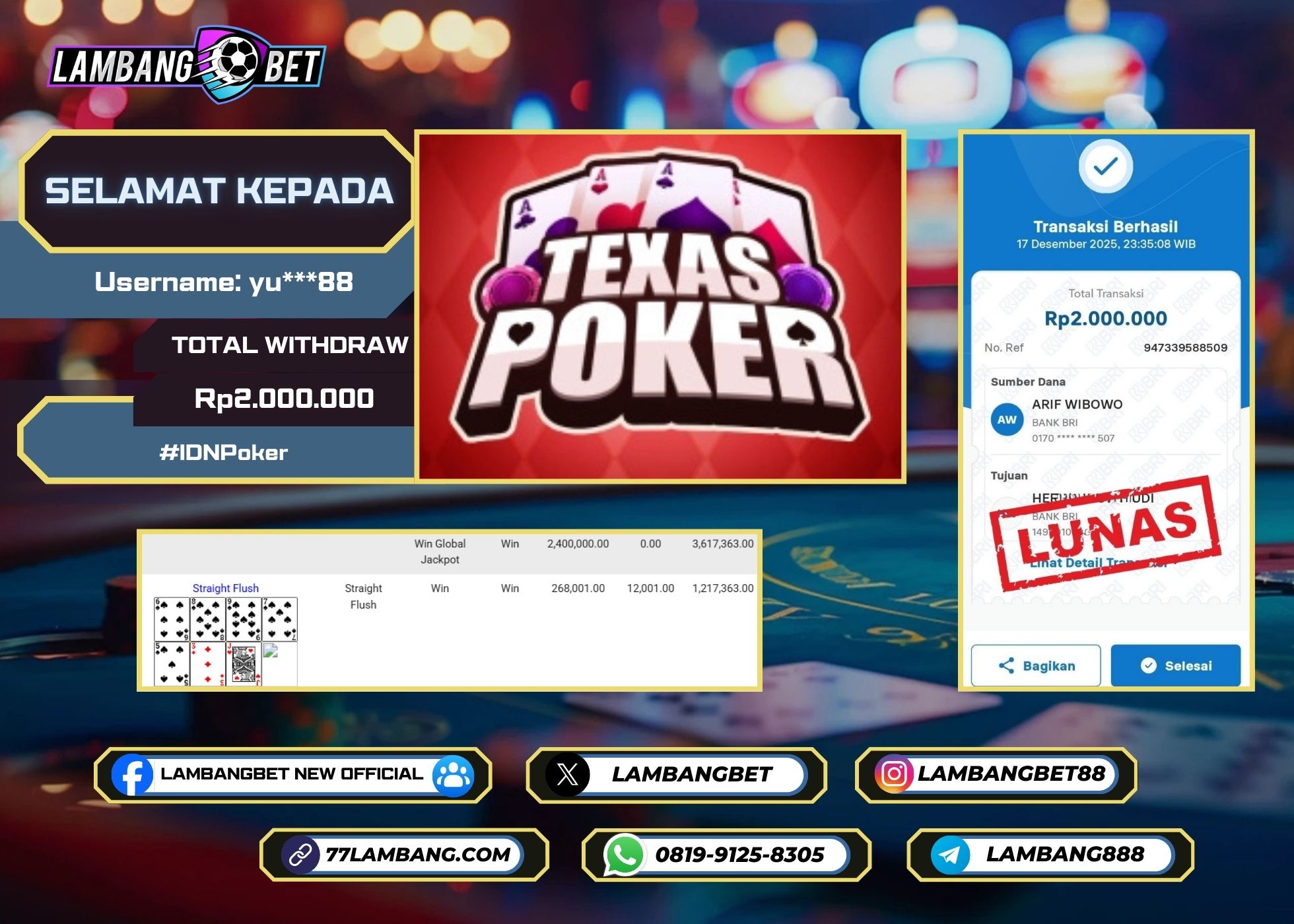 LAMBANGBET [17 DESEMBER 2025] JACKPOT IDN POKER Texas Poker "Rp2.000.000" LUNAS